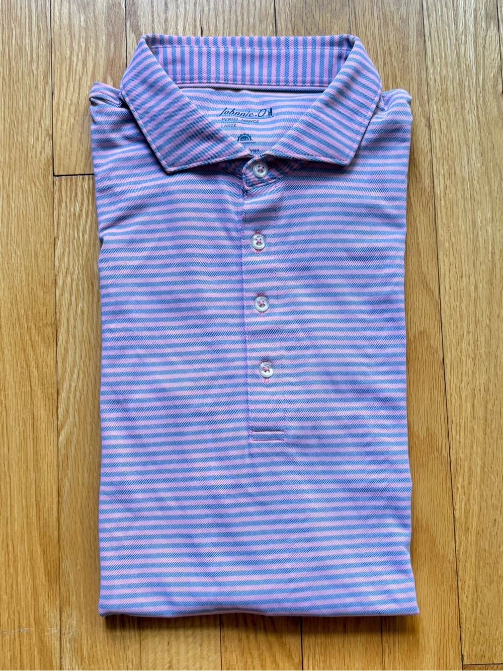 Johnnie-O Men’s Short Sleeve Performance Polo Large Blue Pink Stripes